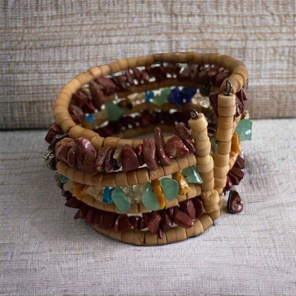 Boho Coiled Cuff Bracelet Beaded Wooden chip Stone brown blue western Spiral